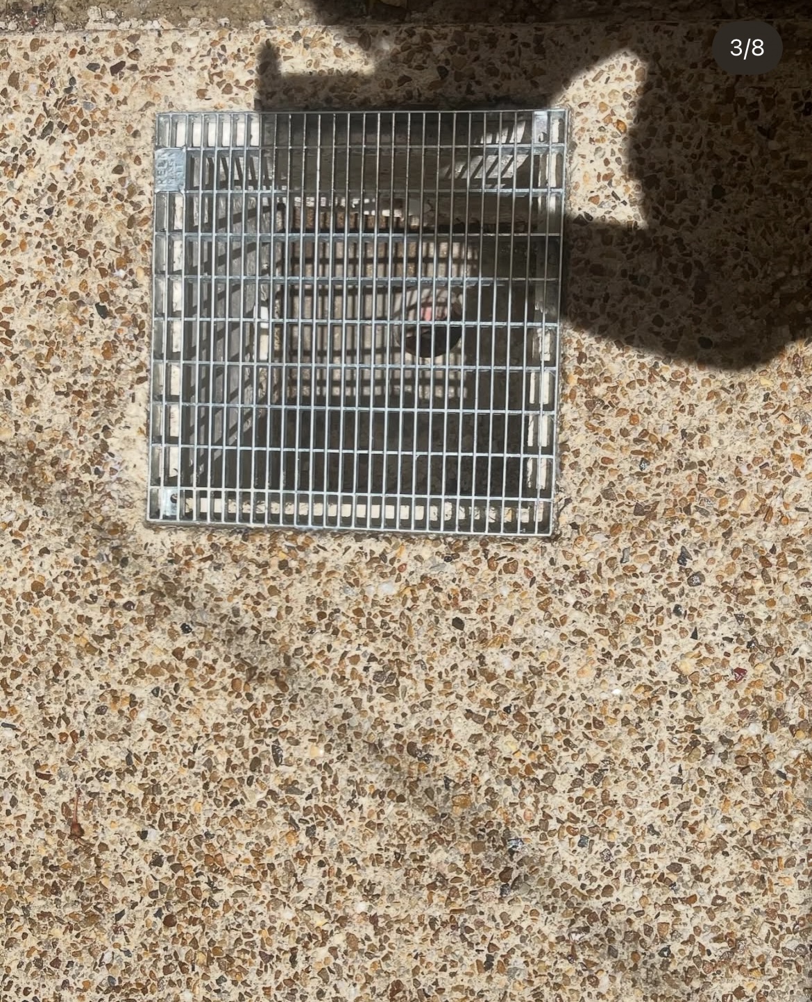 Aggregate grate set-in — Galvanised grate set flush into exposed aggregate with fall to the pit