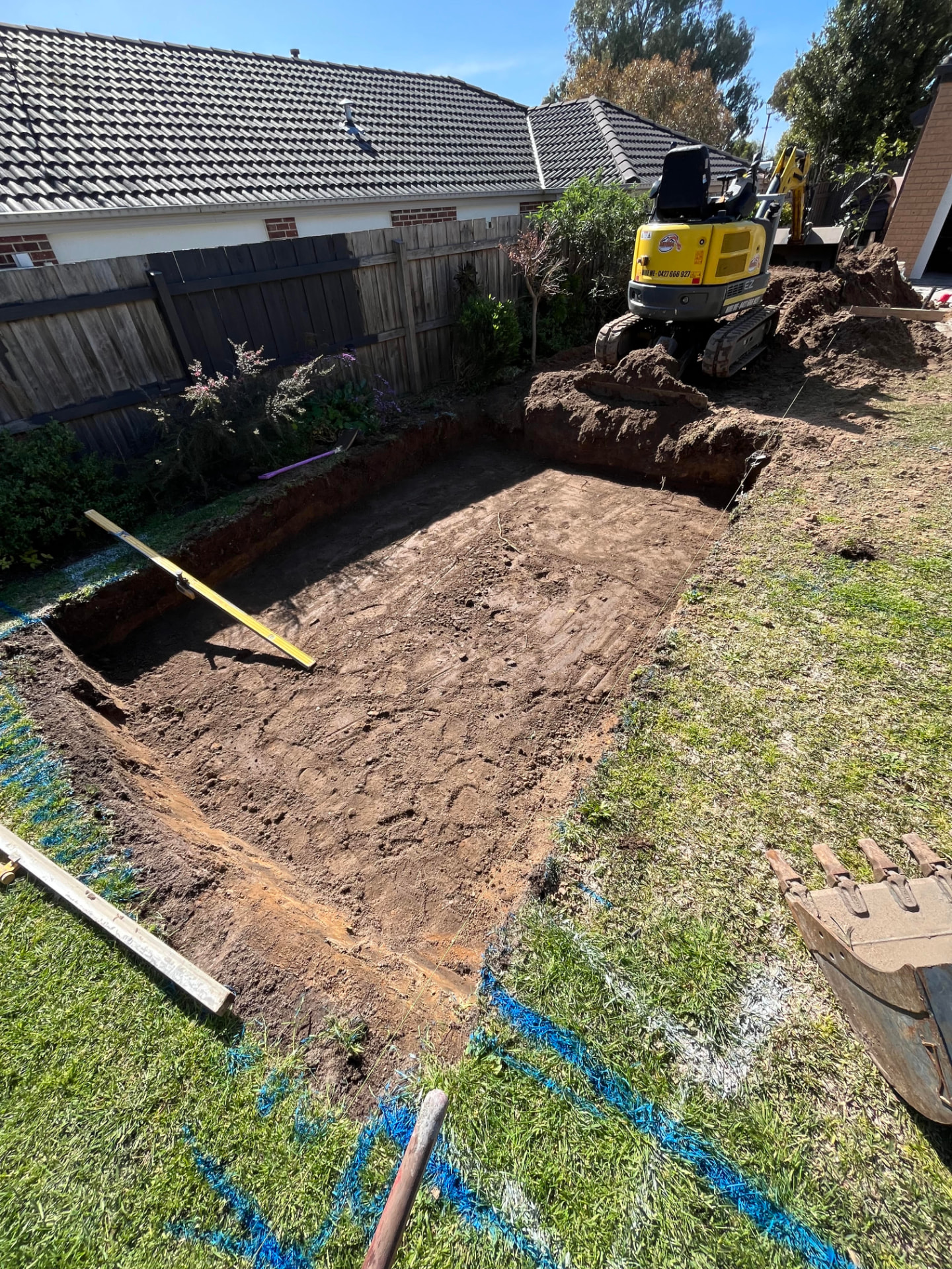 Spa slab excavation — Set-out and bulk dig for a new spa slab in a tight backyard, spoil carted off site